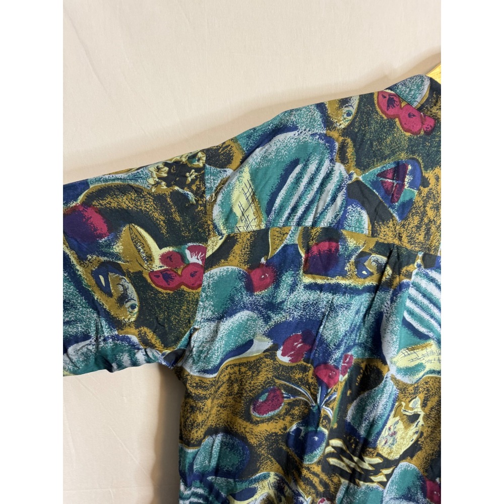 Vinatge 90s Rivage Mens 2XL Abstract Art Button Down Shirt Rayon Teal Gold - Picture 9 of 11